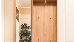 A wooden wardrobe with a mirror, a potted plant, and a small step leading to a door. - City Centre Open View Apartment (Warszawa)
