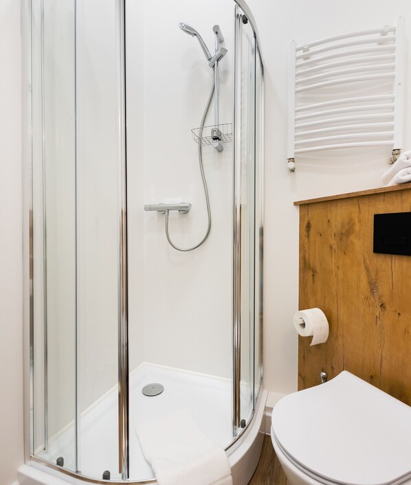 A modern bathroom with a glass-enclosed shower, a white toilet, and a wooden vanity. - National Stadium Cosy Studio #2 (Warszawa)