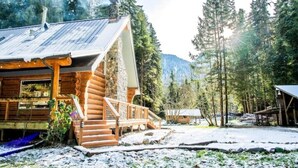 A log cabin with a stone foundation, wooden exterior, and a metal roof. It is surrounded by a forested area with tall trees and a mountain in the background.