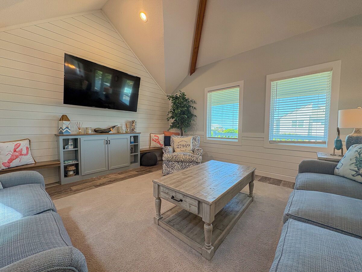 A living room with a TV, sofa, coffee table, and a plant.