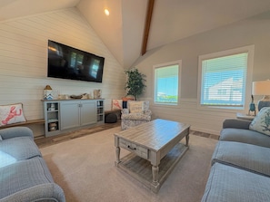 A living room with a TV, sofa, coffee table, and a plant.