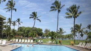 A swimming pool with lounge chairs and palm trees.