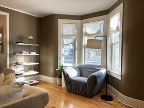 Smart TV, fireplace, books