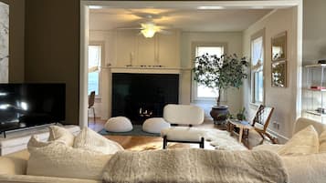 Smart TV, chimenea y libros