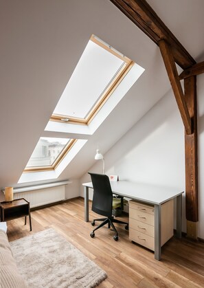 Cozy attic retreat with a single bed, desk, and skylights.