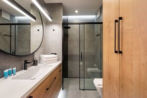 Shower, free toiletries, hair dryer, towels