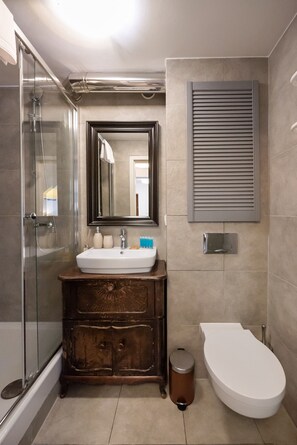 Shower, free toiletries, hair dryer, towels
