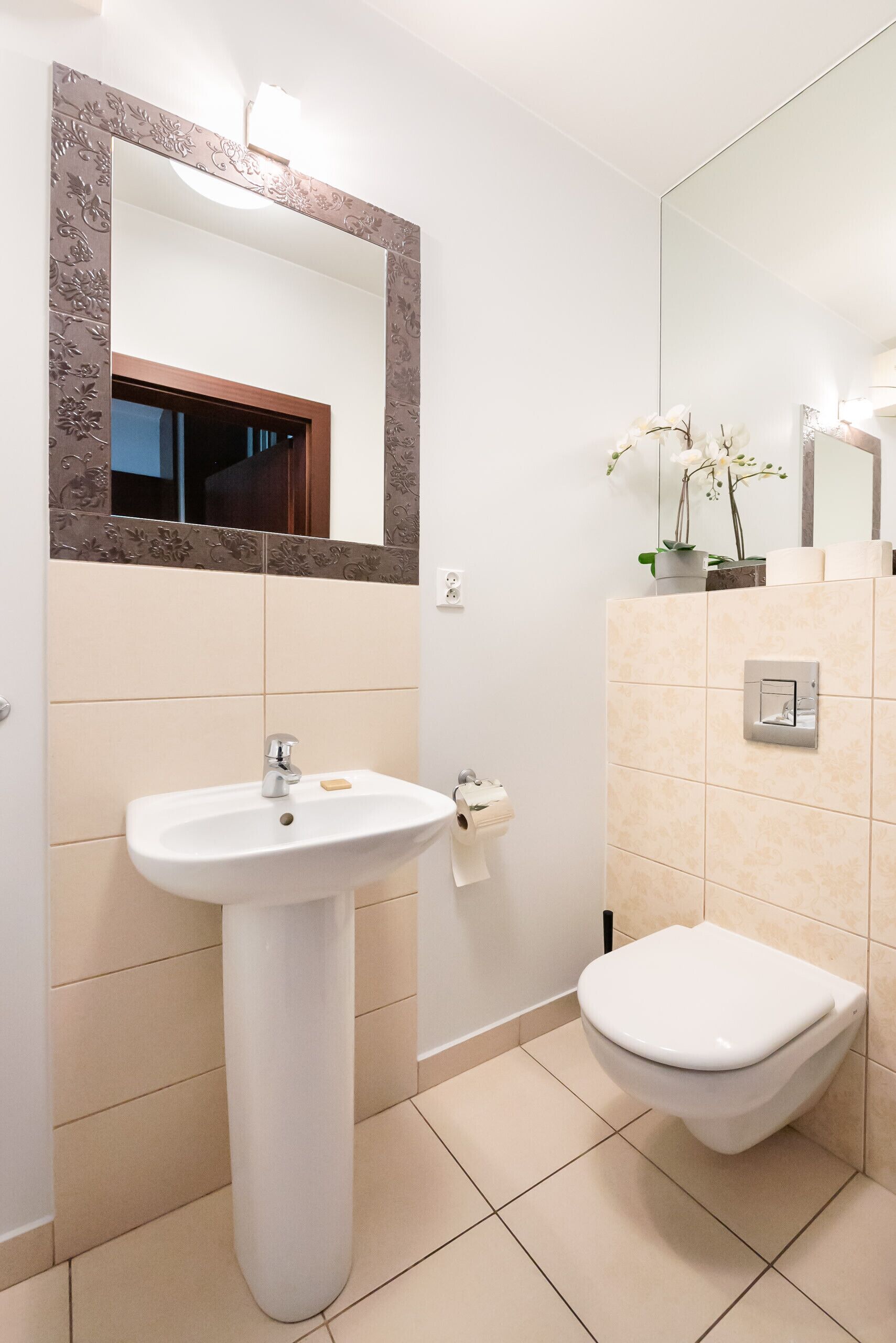 Un baño con un lavamanos blanco, un inodoro y un espejo con marco floral.