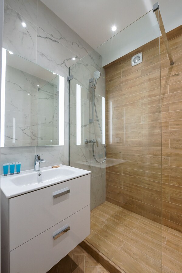 Shower, hair dryer, towels
