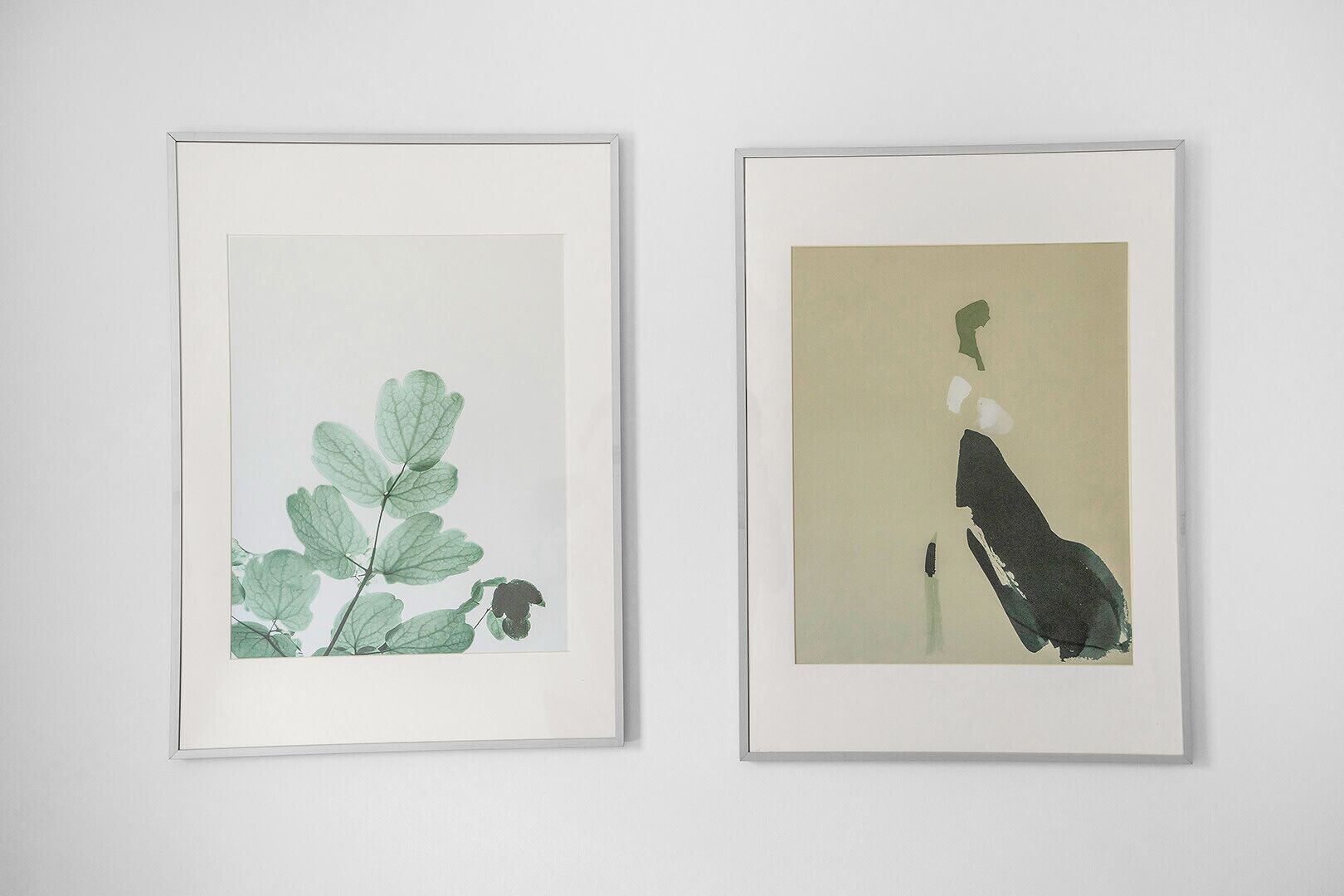 Two framed botanical prints on a plain wall.