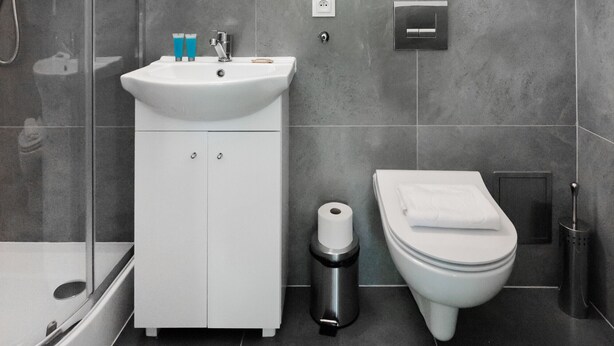 Ein modernes Badezimmer mit Duschkabine aus Glas, einem weißen Waschbecken mit Seifenspender, einer Toilette und einem Mülleimer.