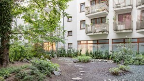 Sisäpiha, jossa on kivimurskapolku, ja jonka ympärillä on vihreää kasvillisuutta ja yksi puu.