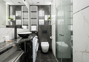 Shower, hair dryer, towels, soap