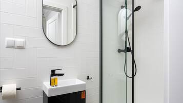 Douche, sèche-cheveux, serviettes fournies, savon
