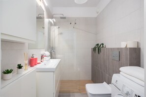 Shower, hair dryer, towels