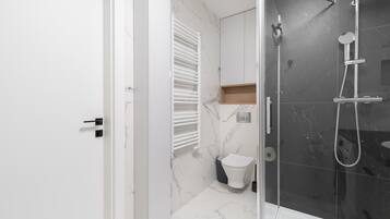 Shower, free toiletries, hair dryer, towels
