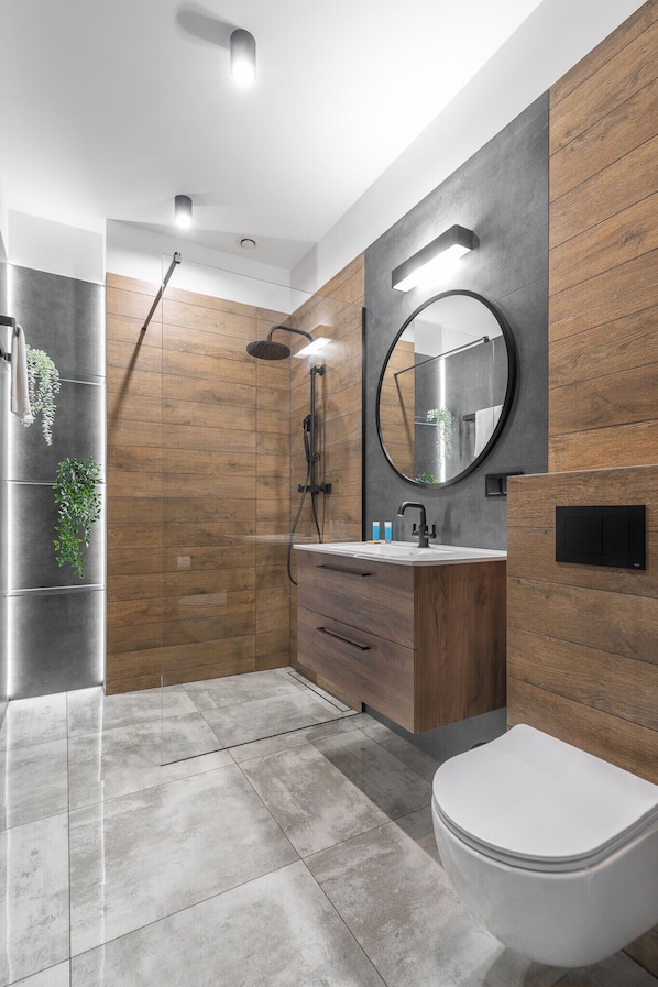 Shower, hair dryer, towels