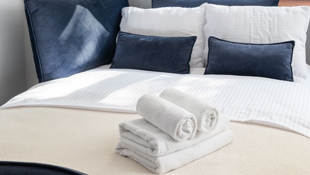 Un lit bien fait, avec du linge de lit blanc et des serviettes pliées, des coussins bleus, et une vue sur une fenêtre donnant sur la verdure.