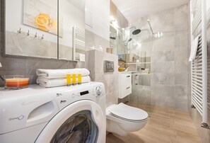 Shower, hair dryer, towels