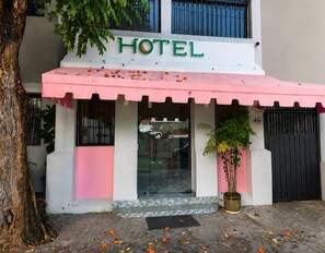 Een hotelentree met een roze luifel, een glazen deur en een potplant.