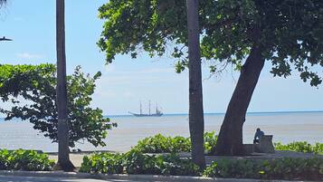 A road with a clear view of the sea and a ship in the distance.