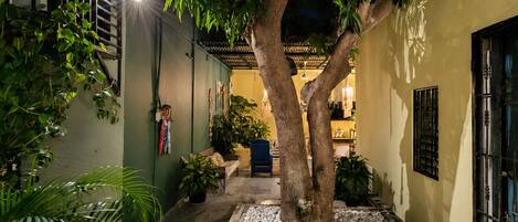 A courtyard with a tree, potted plants, and a tiled pathway.