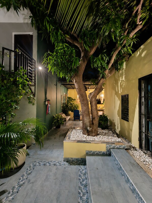 A courtyard with a tree, potted plants, and a tiled pathway.