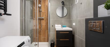 Shower, hair dryer, towels