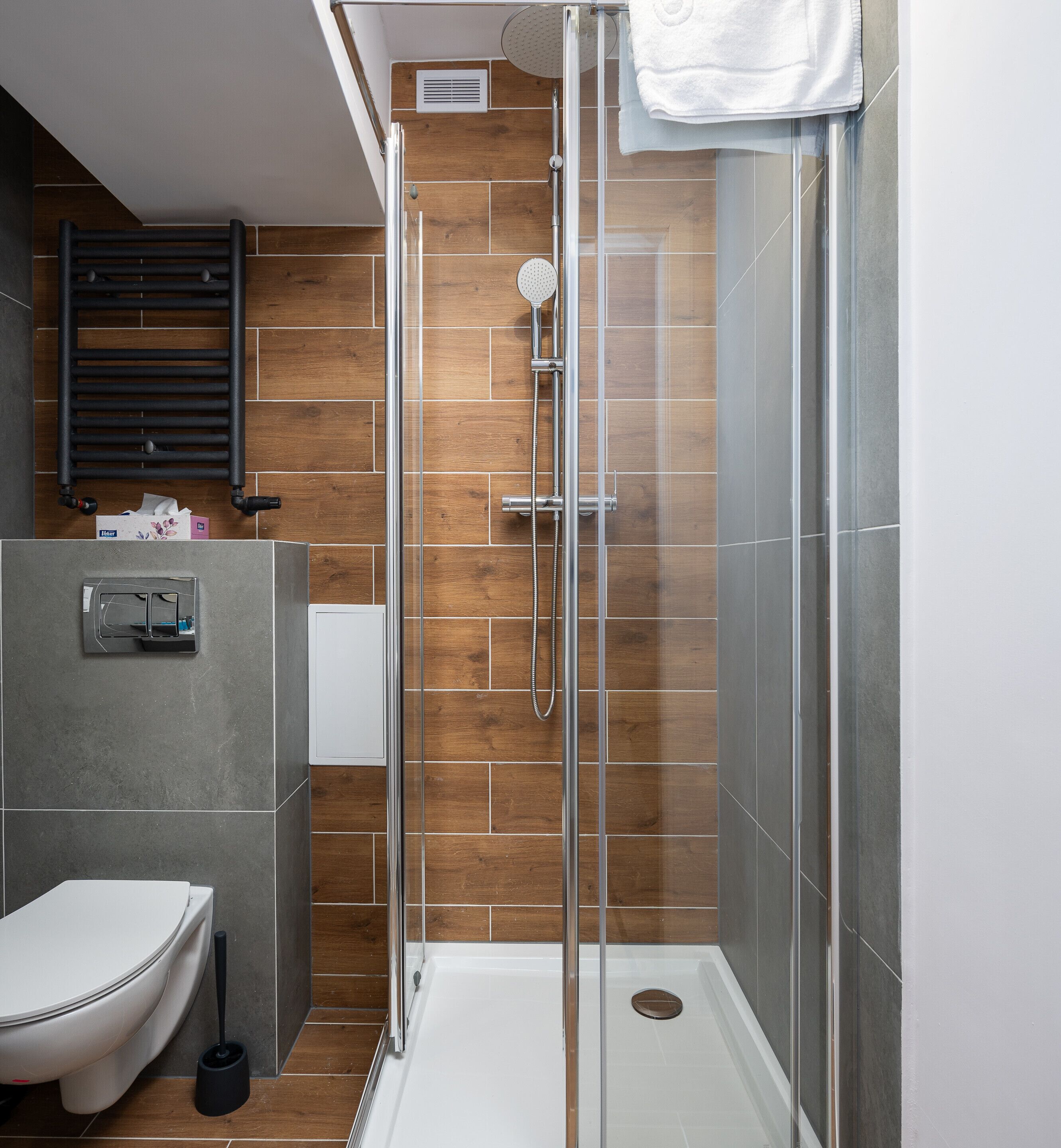 A modern bathroom with a glass-enclosed shower, a toilet, and a towel rack.