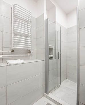 Shower, hair dryer, towels