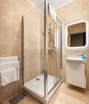 Shower, hair dryer, towels