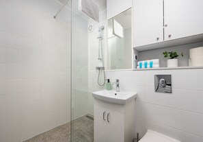 Dusche, Haartrockner, Handtücher, Seife