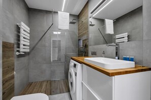 Shower, free toiletries, hair dryer, towels