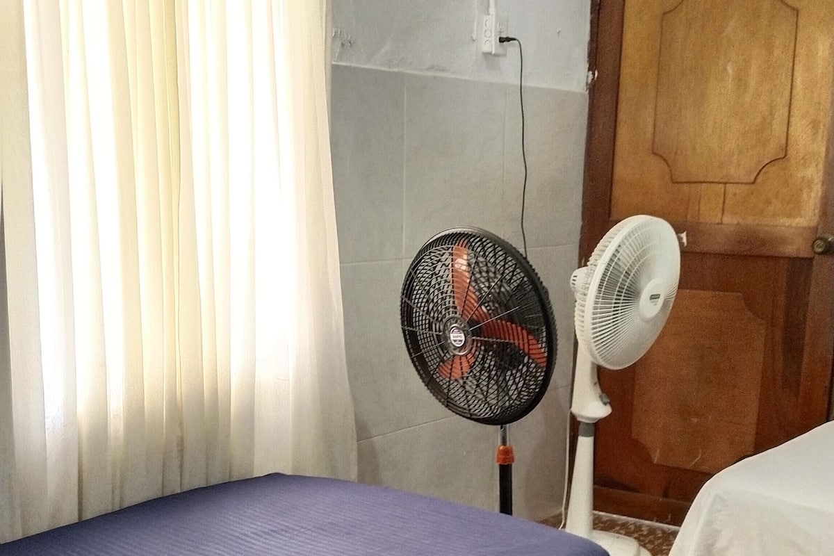 A bedroom with a bed, two fans, a wooden door, and a curtain.