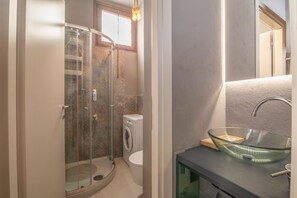 Shower, hair dryer, bidet, towels