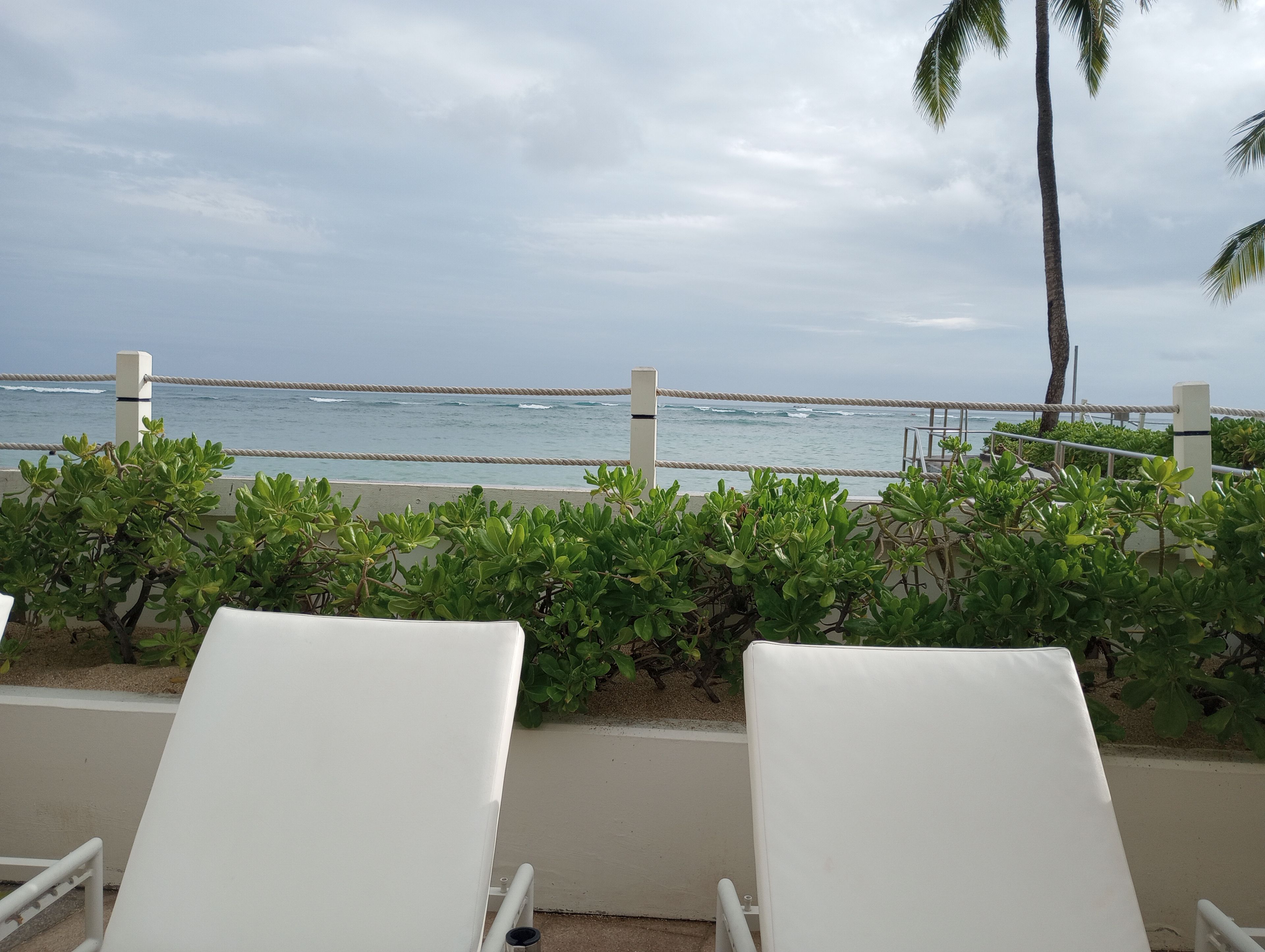 Vista da praia com guarda-corpo, palmeiras e cadeiras de espreguiçadeira brancas.