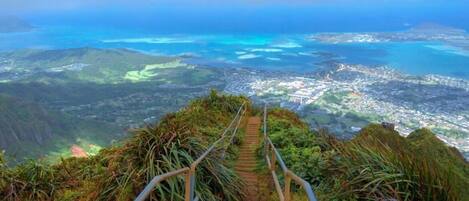 A wooden staircase leading to a viewpoint overlooking a coastal landscape with a town below.