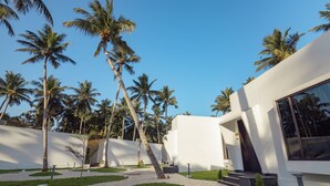 A modern building with a paved courtyard, palm trees, and a clear blue sky. - The Saravi Resort (Vanur)