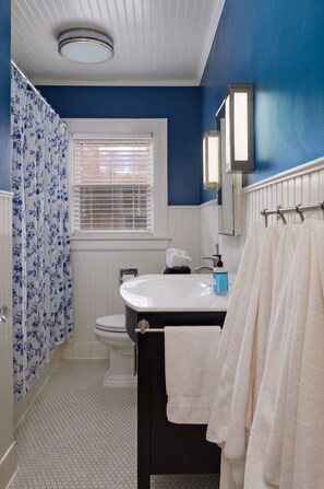 A bathroom with a white sink, a toilet, a shower curtain with a floral pattern, and a window with blinds. - 2 Living Areas & Kids' BunkRoom (Springfield)