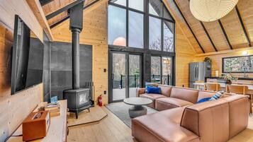 Smart TV, fireplace, books