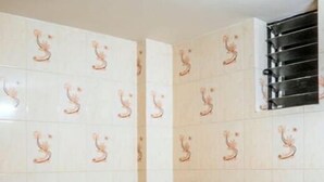 Een badkamer met een bad, toilet en douche.