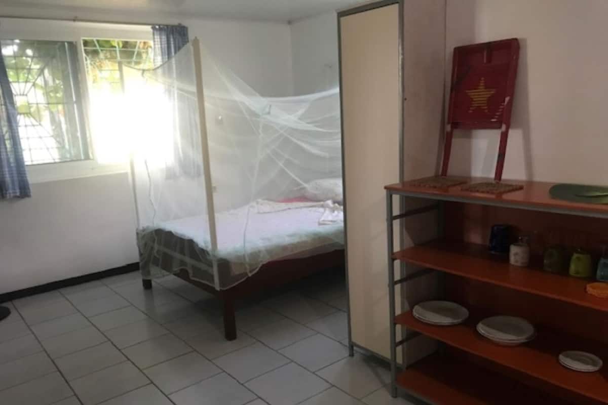 A single bed with a mosquito net, a shelf with plates and bottles, and a window with curtains.