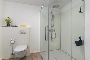 Shower, free toiletries, hair dryer, towels