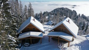 Two wooden cabins with snow-covered roofs, surrounded by snow-laden trees and a mountainous backdrop. - Chalet "Reimers 2a" with Mountain View, Private Terrace & Wi-Fi (Hochrindl)