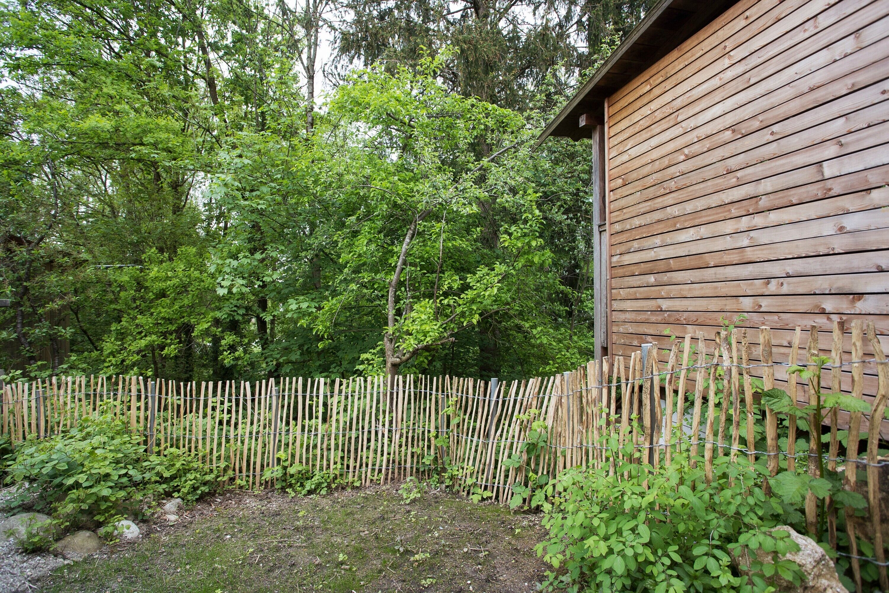 Ein Holthaus mit Holzzaun in einem Garten.