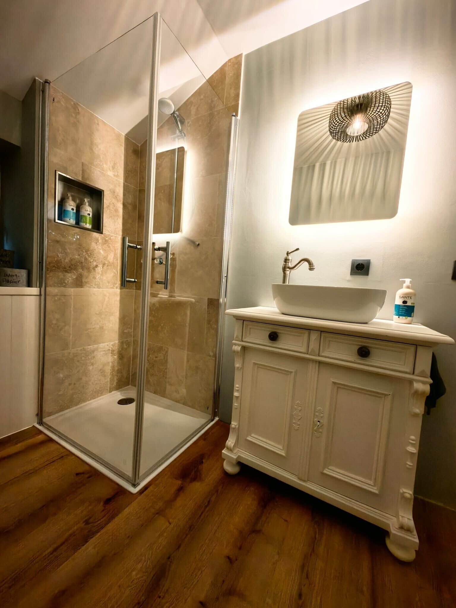Shower, hair dryer, towels