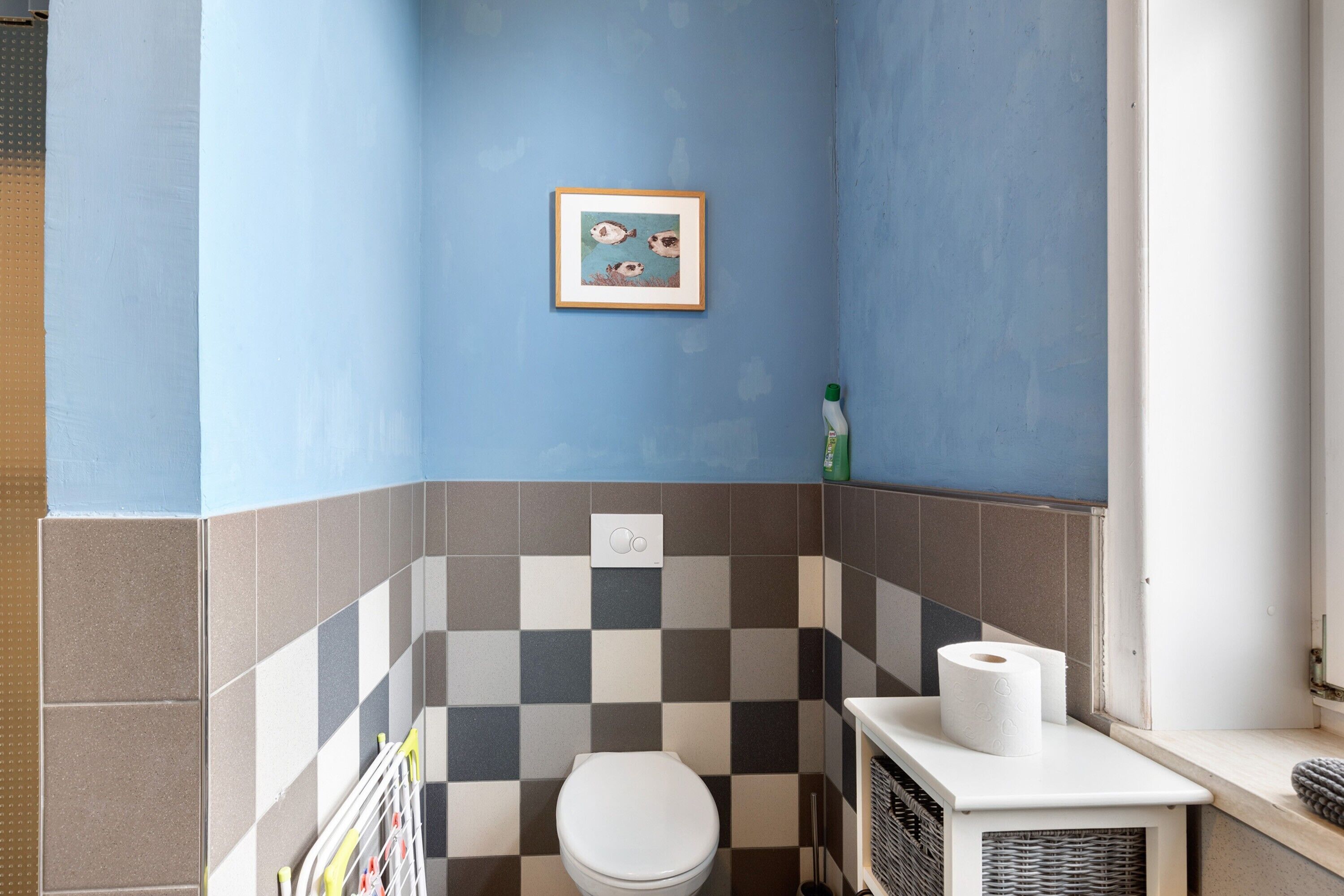 Ein Badezimmer mit blauer Wand, Fußboden in Schachbrettmuster, einer weißen Toilette, einem gerahmten Bild und einer Handseifenflasche.