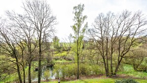 Un paysage naturel composé d’arbres, d’un étang et d’une zone herbeuse.