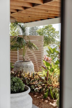 Escape to a serene garden oasis with lush plants and a, tranquil atmosphere.