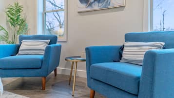 TV, fireplace, books